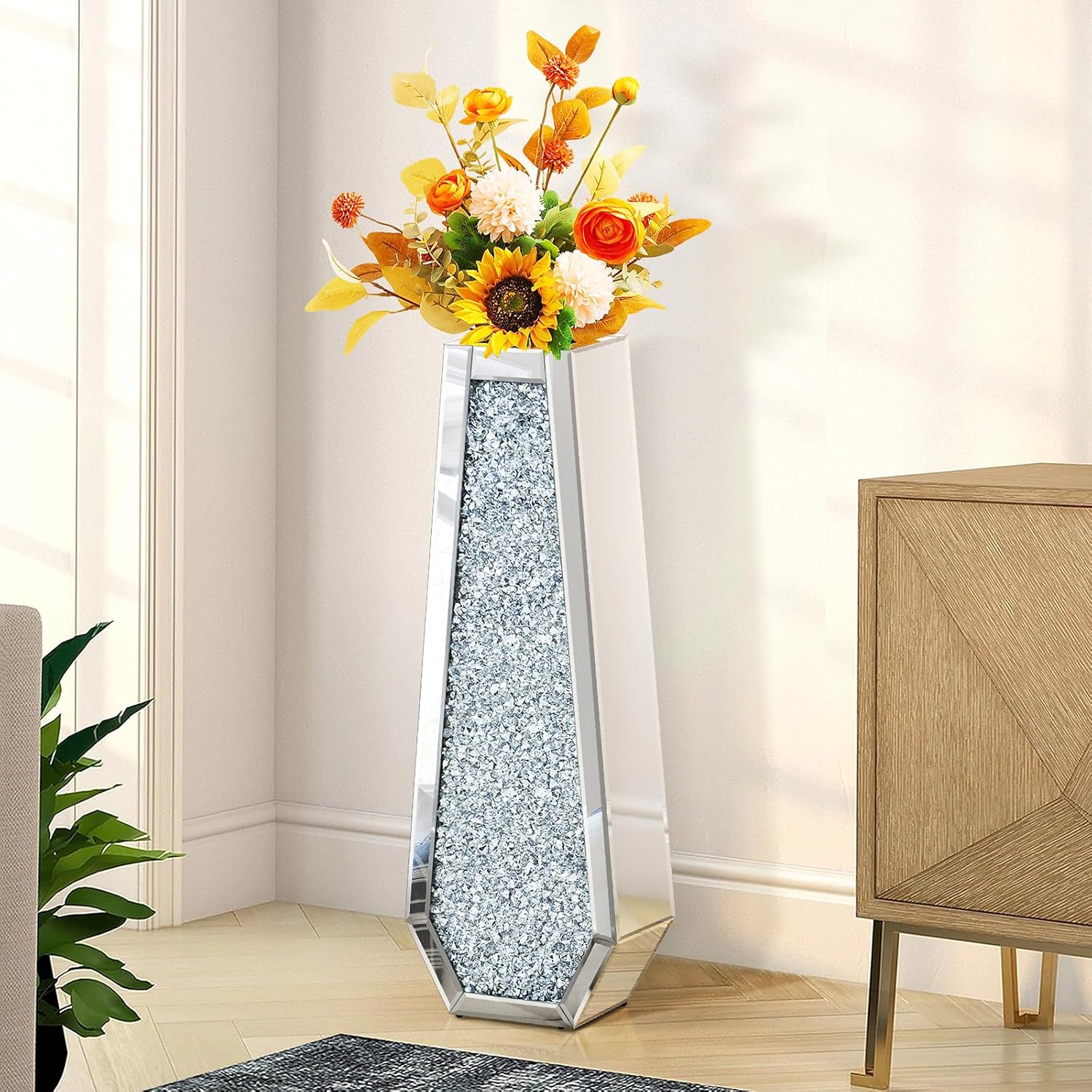 30 Inch Tall Crushed Diamond Floor Vase in Silver