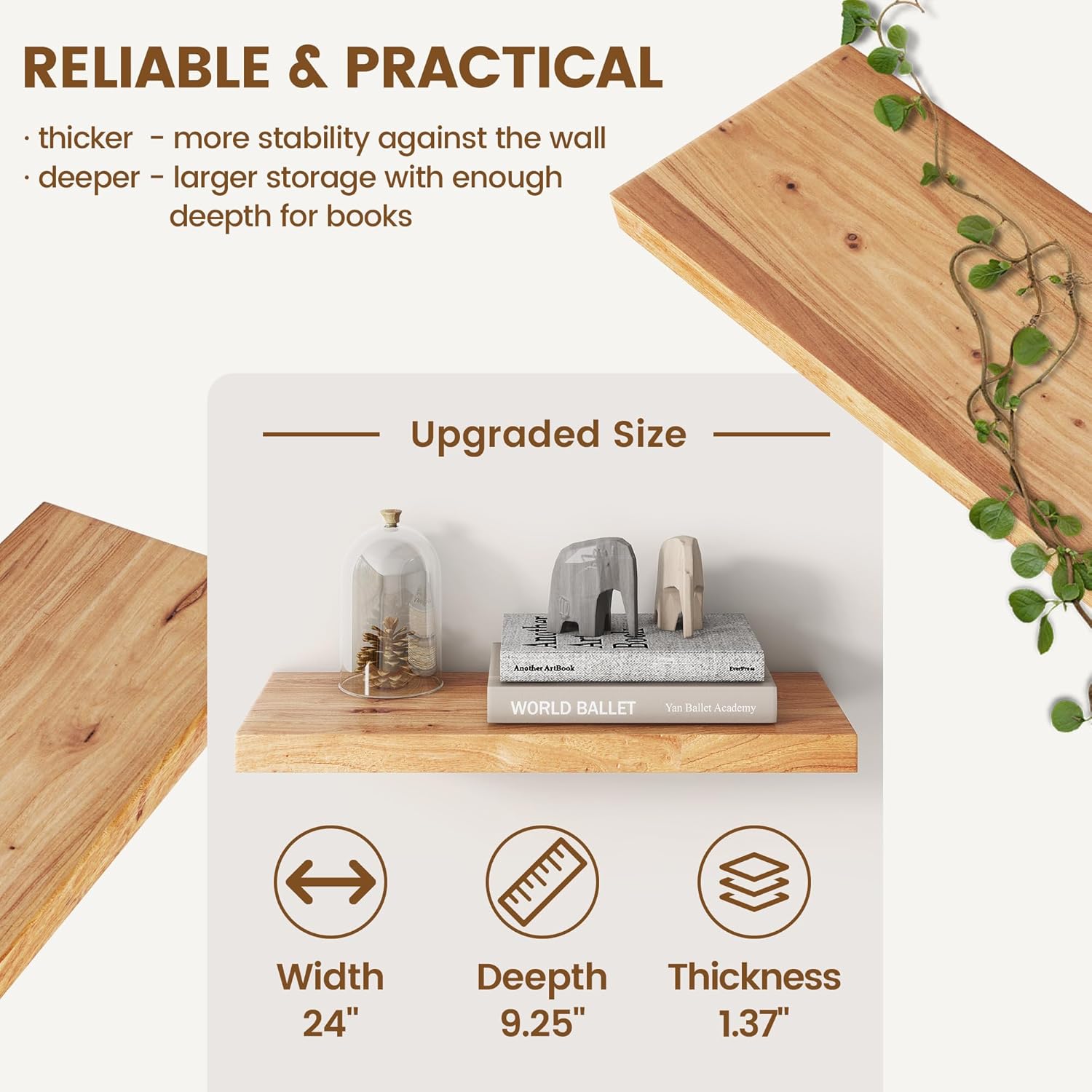 Venusmiles Rustic Elm Wood Floating Shelves Set of 2