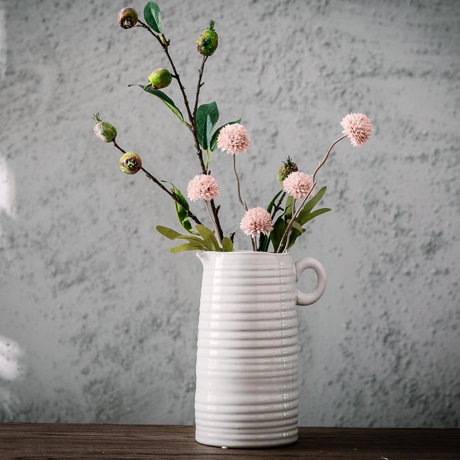 White Ceramic Vase with Handle Modern Farmhouse Decor
