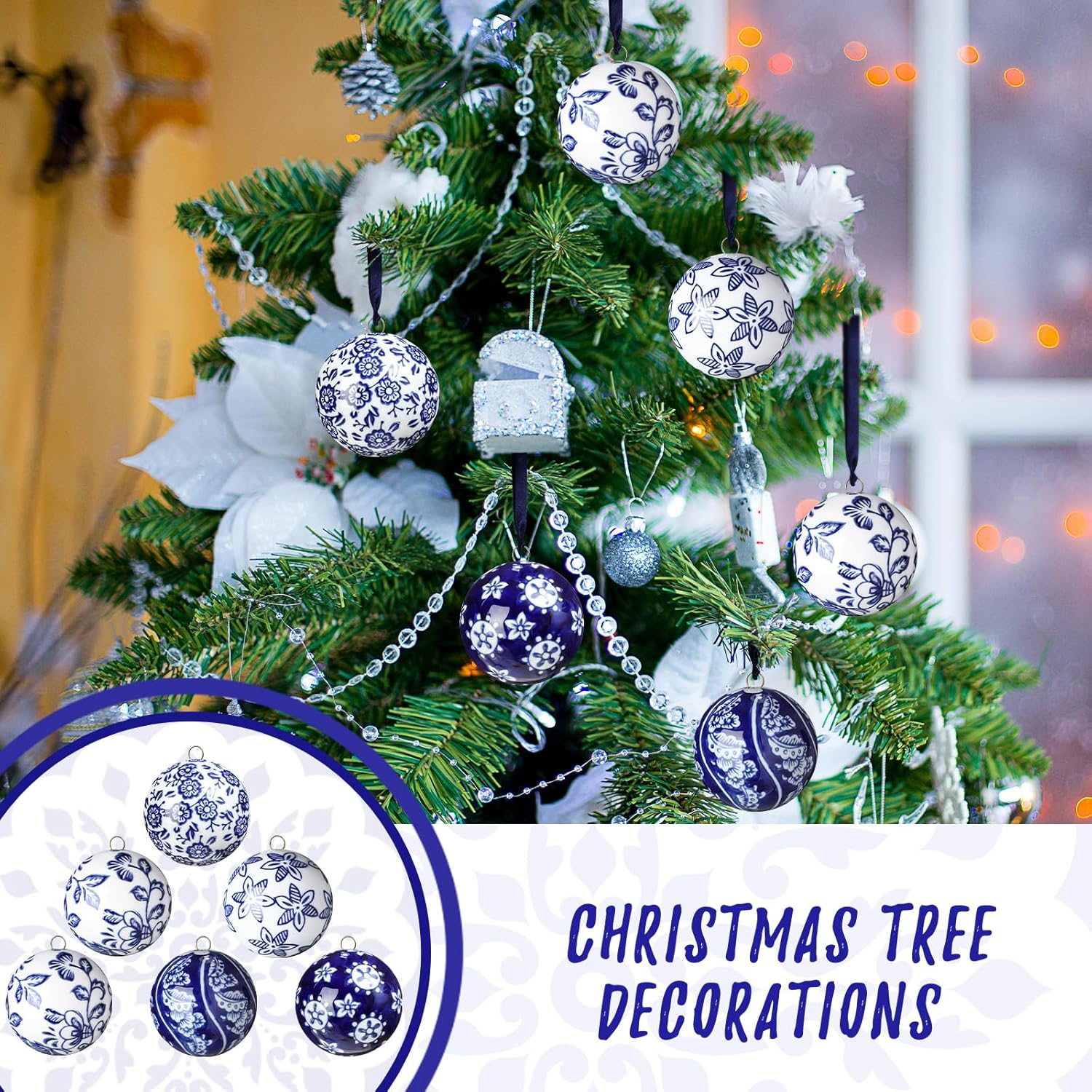 Cindeer 6 Pcs Christmas Porcelain Balls Blue White Decor