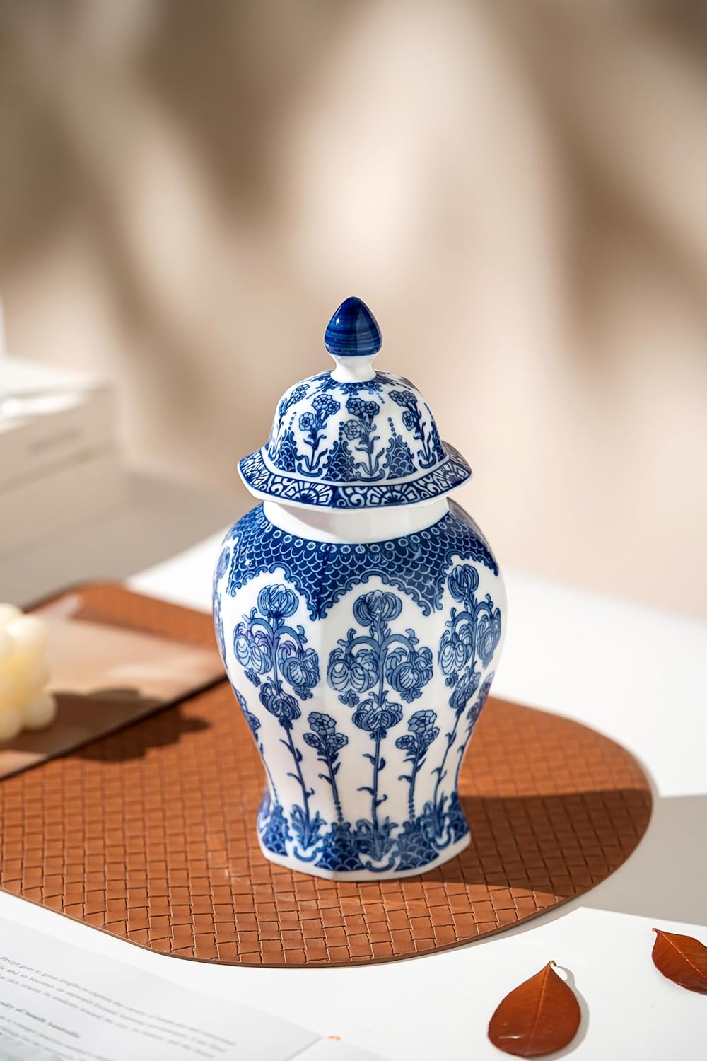 Blue and White Ginger Jar 15 Inch Ceramic Vase