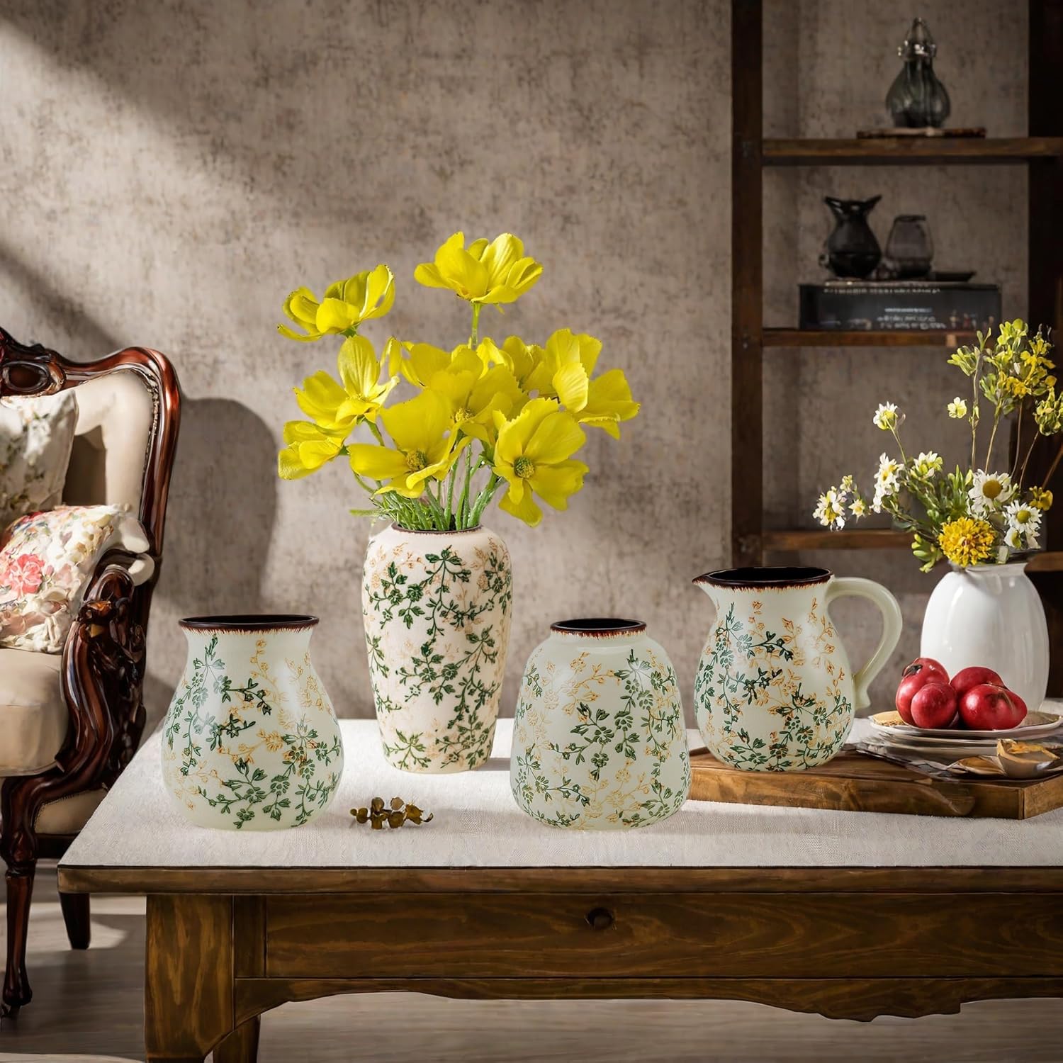 Green and Beige Handmade Ceramic Vase with Handle