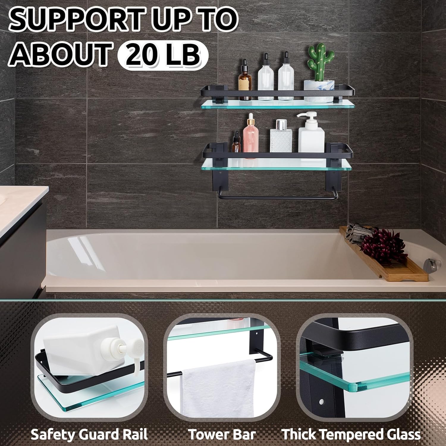 Suzile 2 Pack Floating Bathroom Shelves with Towel Bar