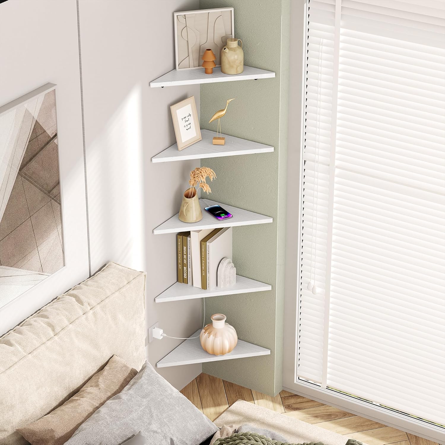 Love-KANKEI Set of 5 Corner Floating Shelves Rustic Wood