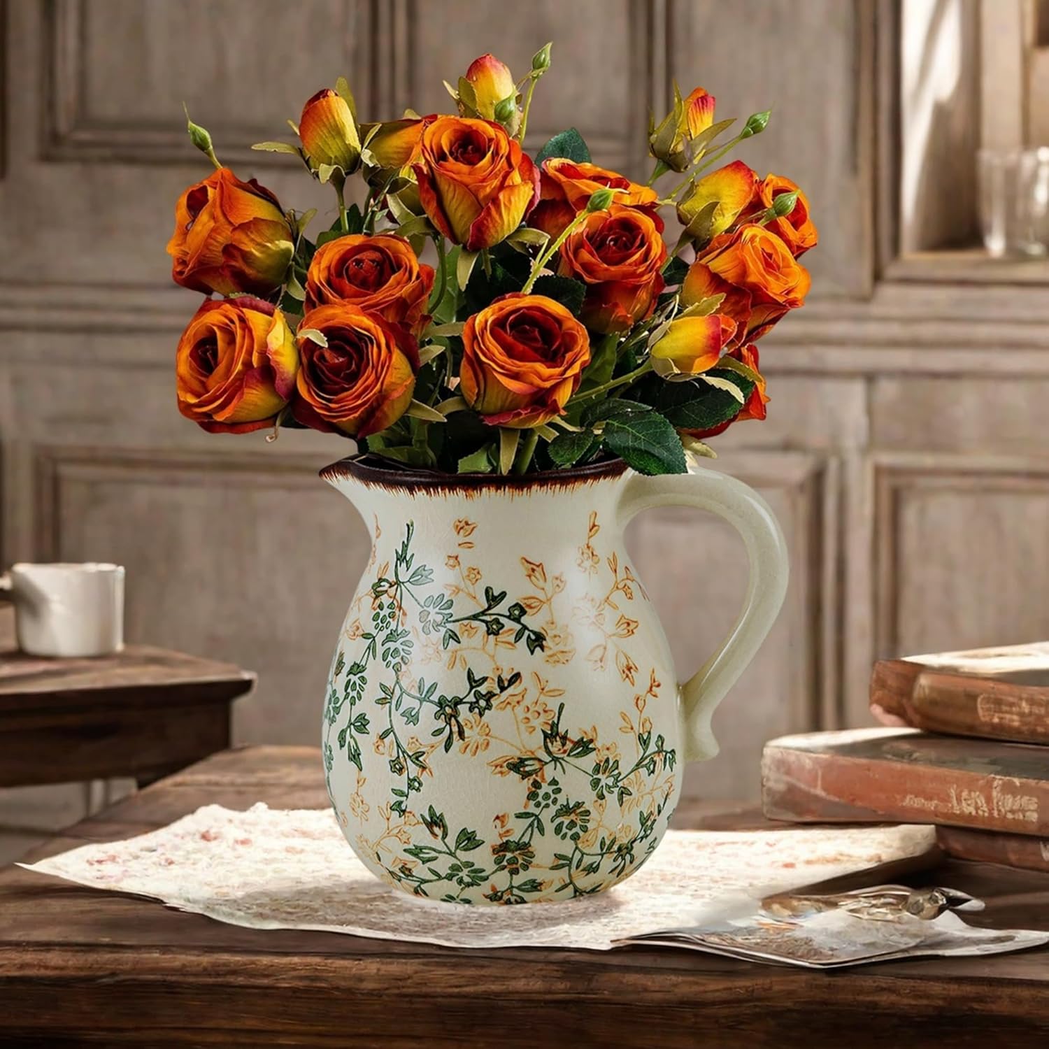 Green and Beige Handmade Ceramic Vase with Handle