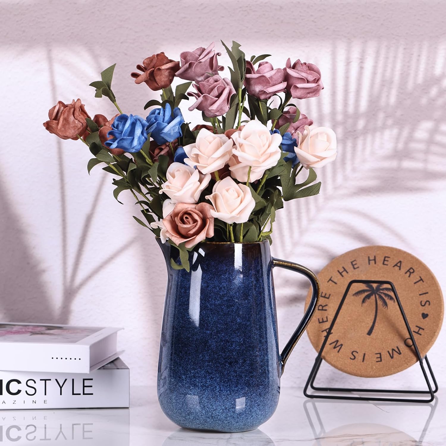 Blue Ceramic Pitcher Vase with Handle