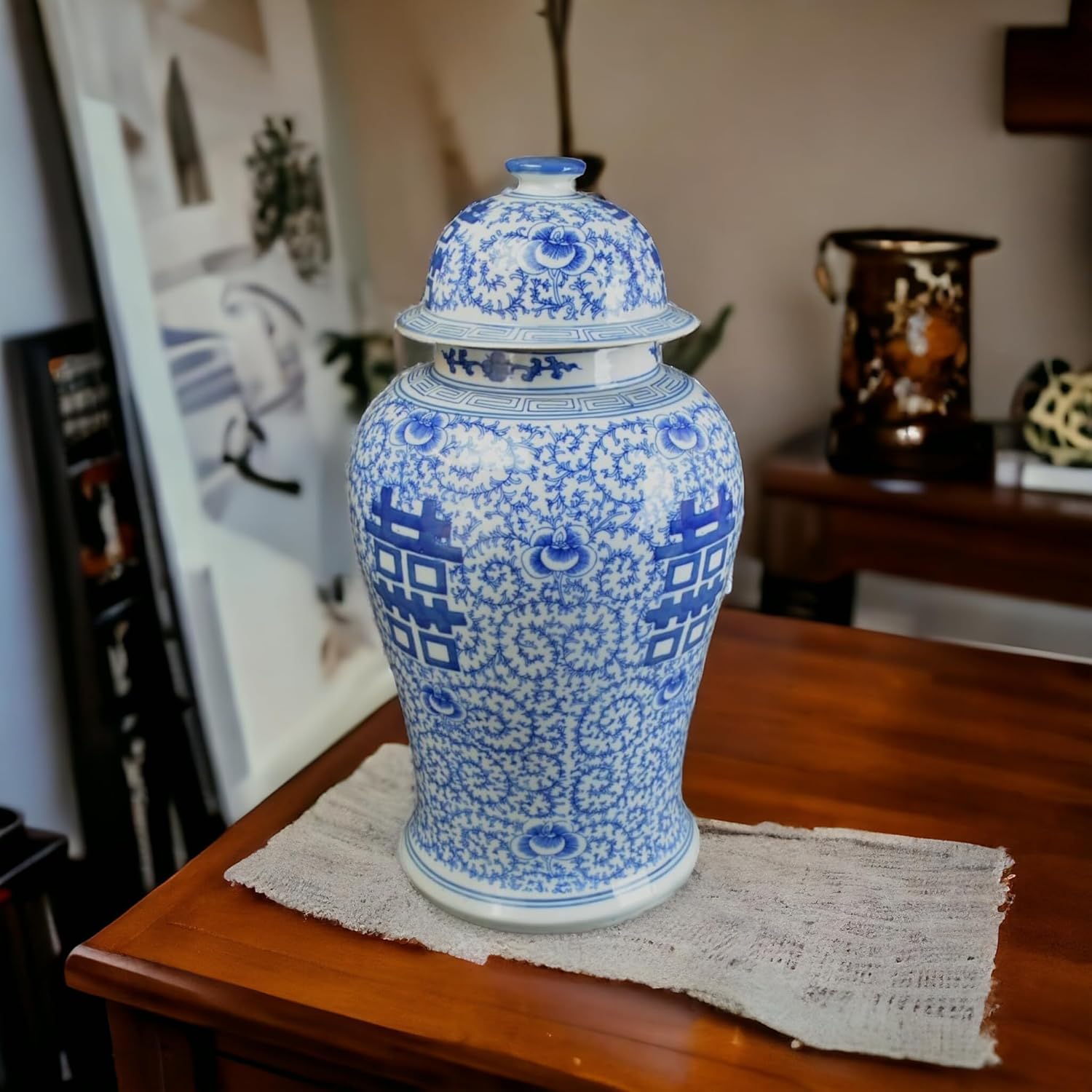 19 Inch Blue and White Ginger Jar Vase with Double Happiness Pattern