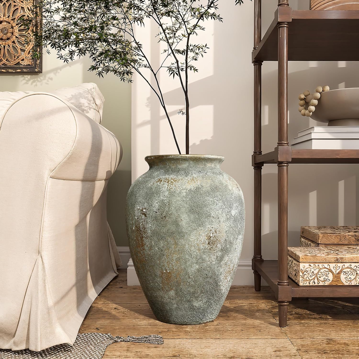 LuxenHome Rustic Ceramic Floor Vase with Gold and Brown Accents