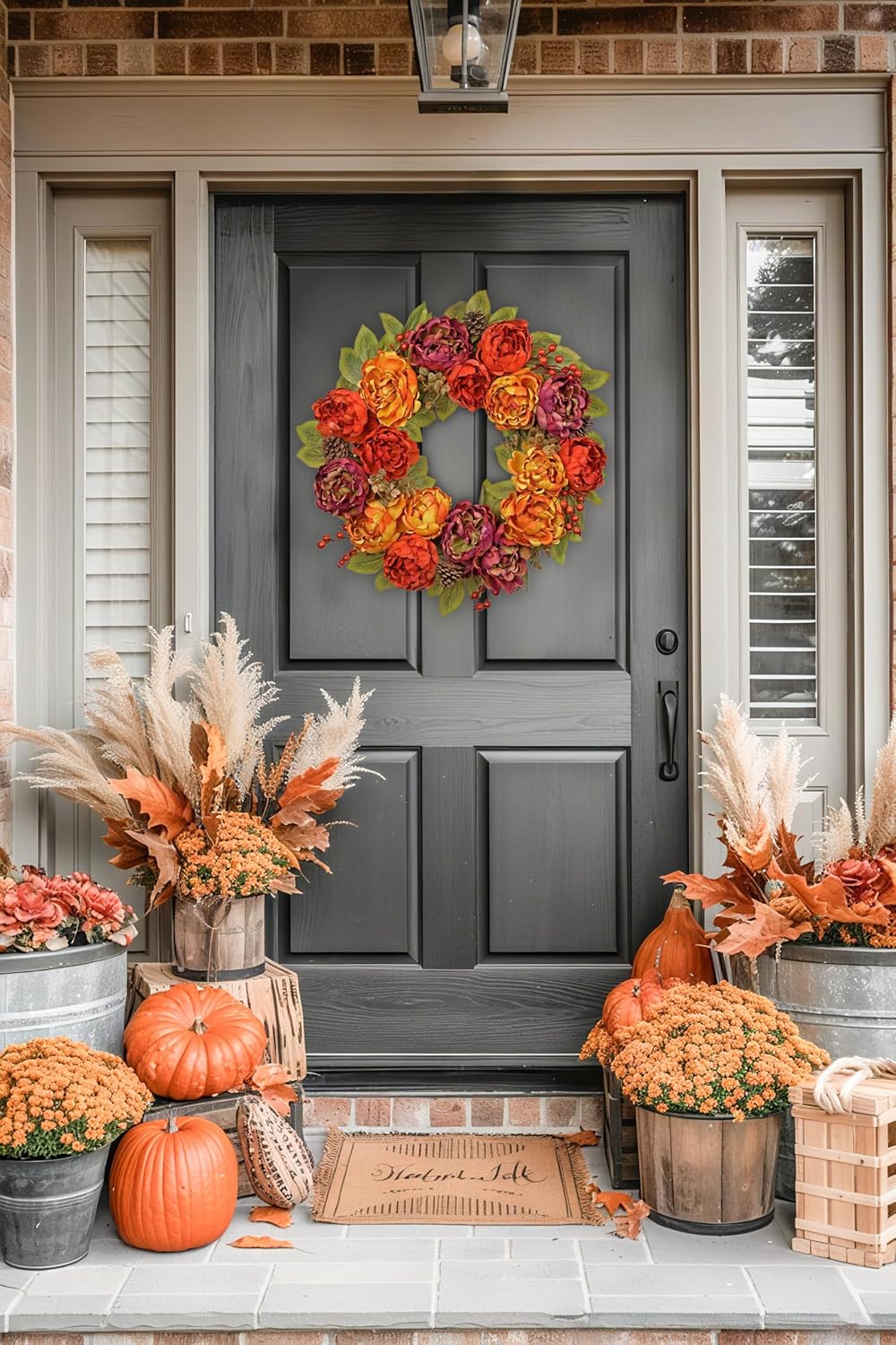 Arborus 24 Inch Fall Wreath with Peonies and Maple Leaves