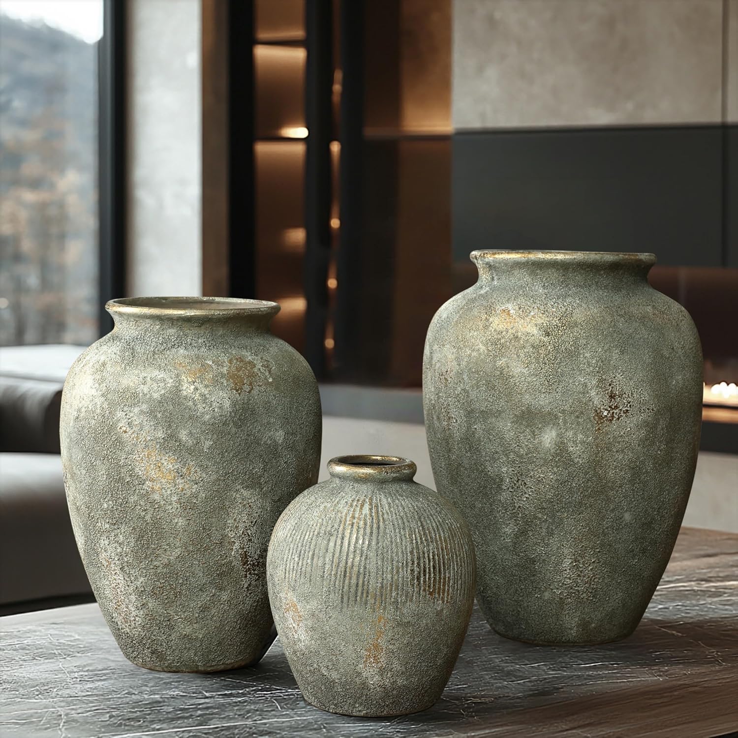 LuxenHome Rustic Ceramic Floor Vase with Gold and Brown Accents