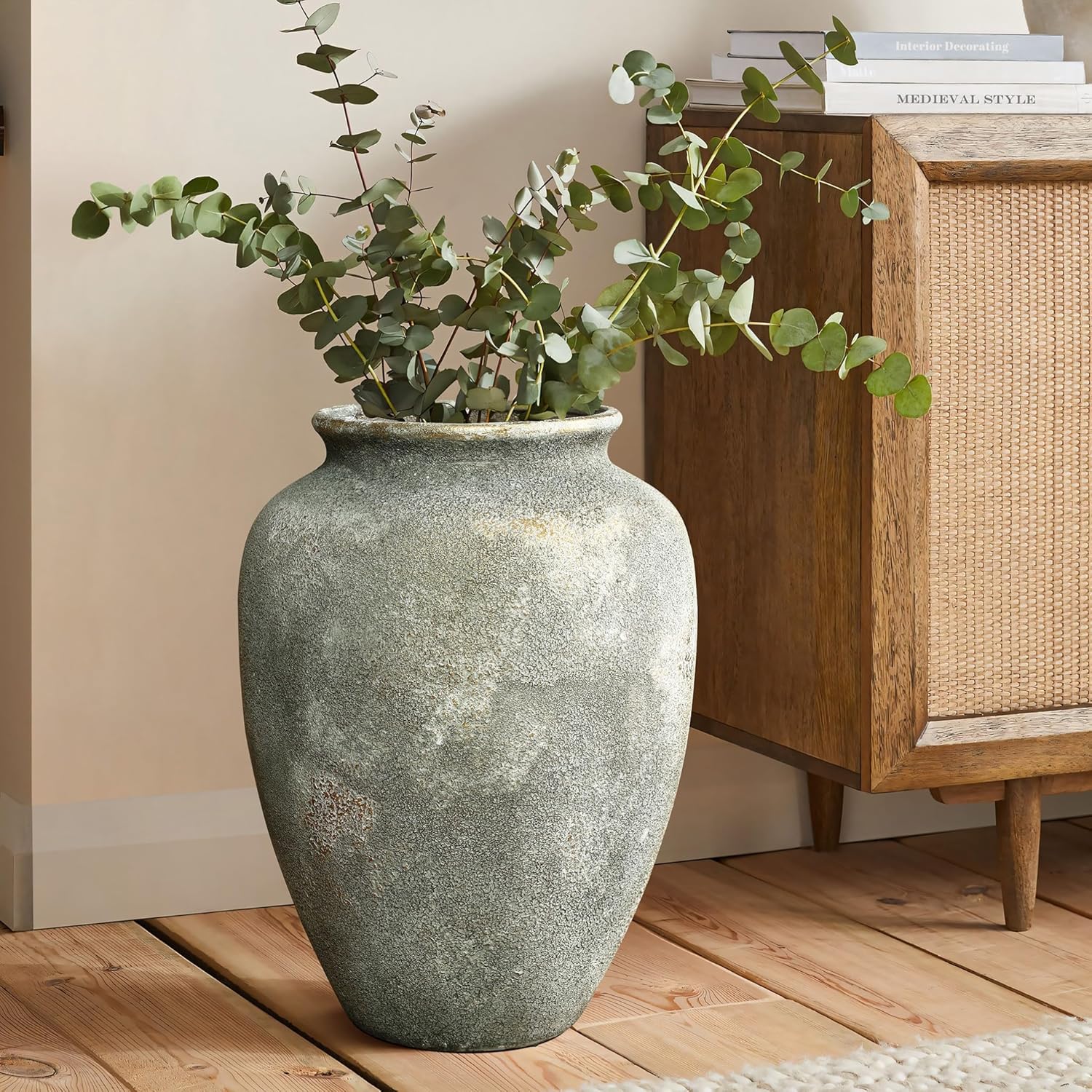 LuxenHome Rustic Ceramic Floor Vase with Gold and Brown Accents