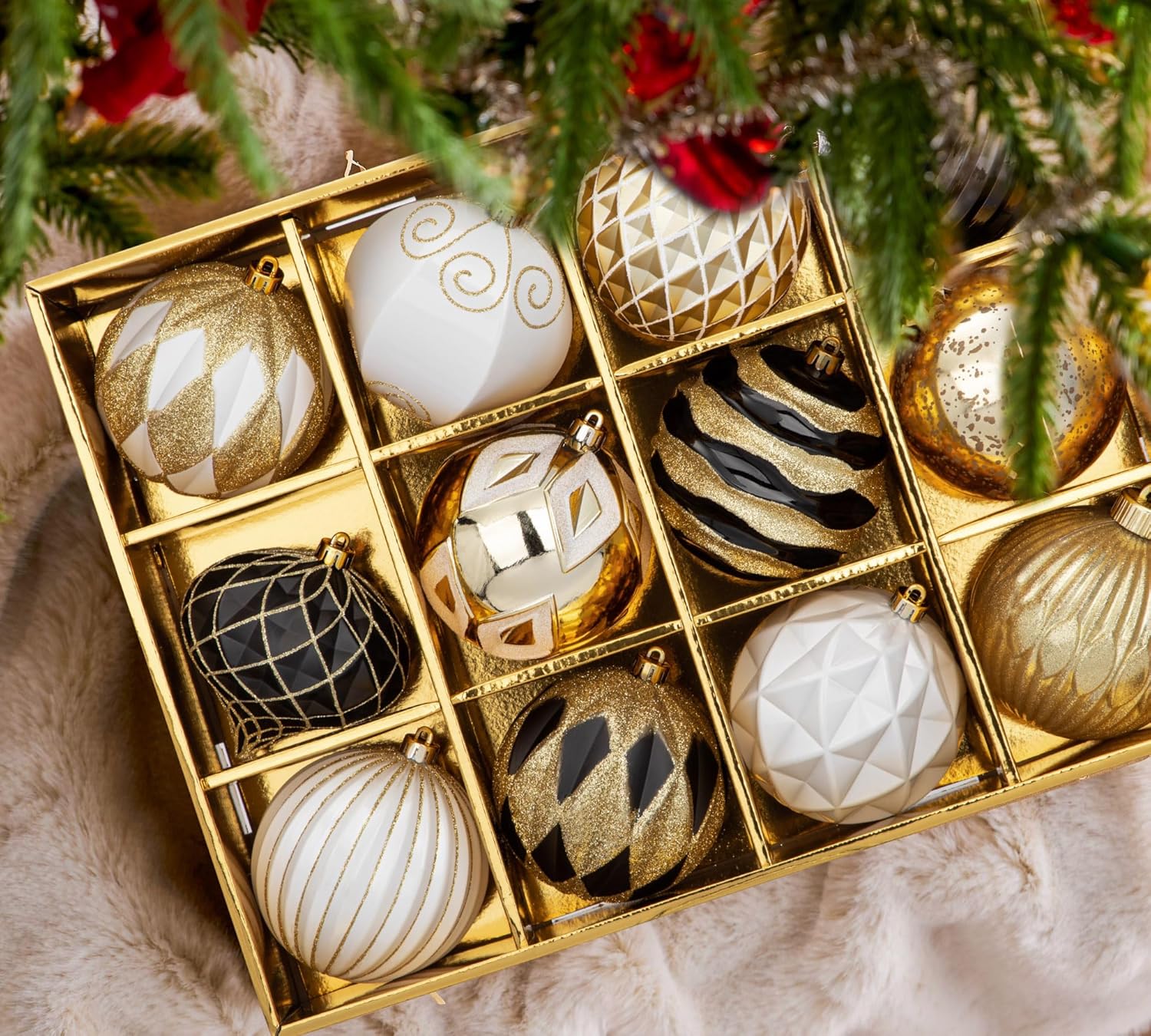 Hollyone 4 Inch Black White Gold Christmas Ornaments 12 Pcs